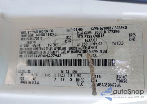 2006 Ford E-150 Commercial/Recreational z USA, uszkodzony, nr VIN 1FTRE14W16HA27943